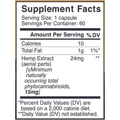 Ingredients of 15mg Liquid Capsules  - hemp extract, organic extra virgin olive oil, vegetable capsule