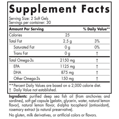 Ingredients of Ultimate Omega 2X Sport Dietary Supplement - Omega-3s 2150 mg, EPA 1125 mg, DHA 875 mg