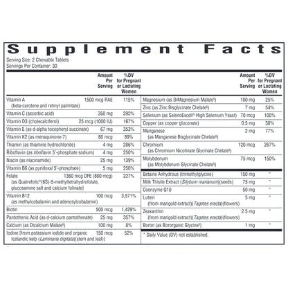 Ingredients of Optimal Prenatal Chewable Dietary Supplement - Vitamin A, C, D3, E, K2, Thiamin