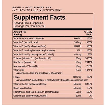 Brain and Body Power Max - Brain health multivitamin supplement facts