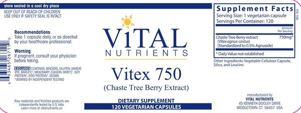 About Vitex 750 by Vital Nutrients - 120 Vegetarian Capsules | Supports Normal Ovarian Function