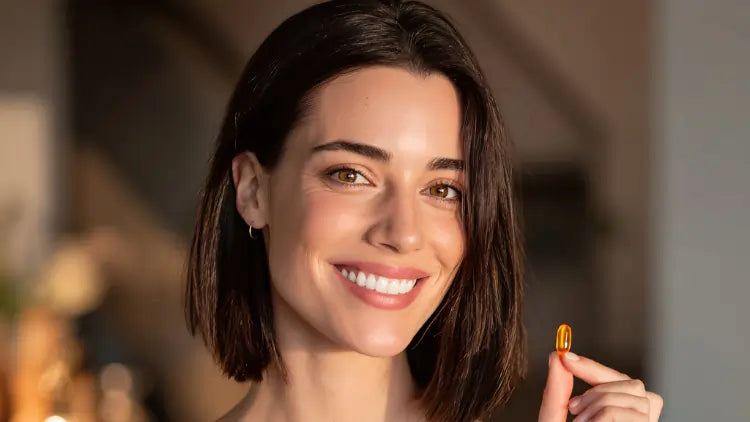 Woman taking a magnesium supplement, highlighting the benefits of Pure Encapsulations Magnesium Glycinate for stress and sleep support