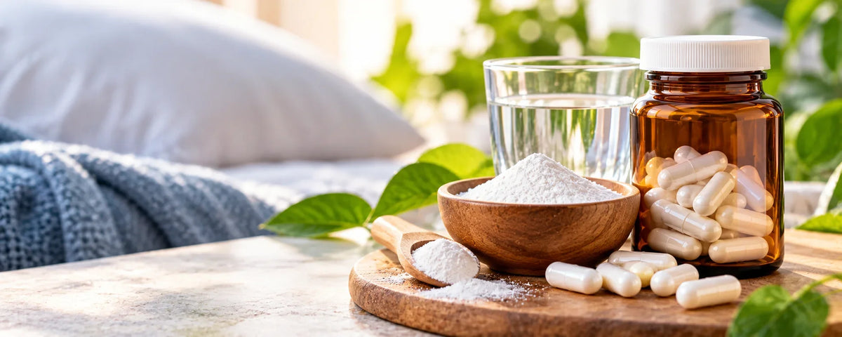 Glycine supplement capsules in an amber bottle alongside white powder and a glass of water, illustrating different formats compared in the best glycine supplement brands guide.