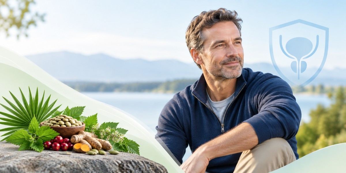 Middle-aged man with natural herbs and botanical ingredients representing prostate health and wellness