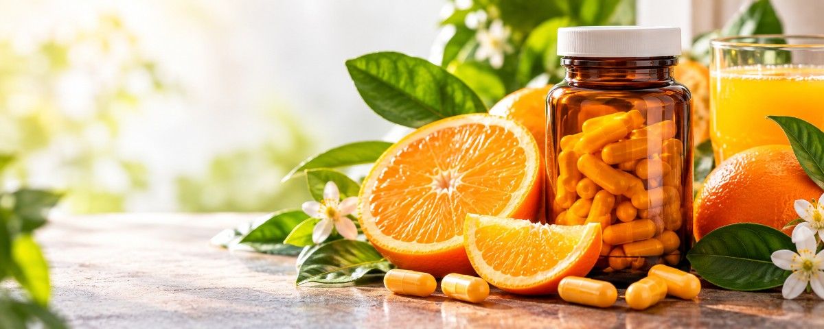 Vitamin C supplement capsules in an amber bottle alongside fresh oranges, illustrating different formulations discussed in the best vitamin C supplement brands comparison.