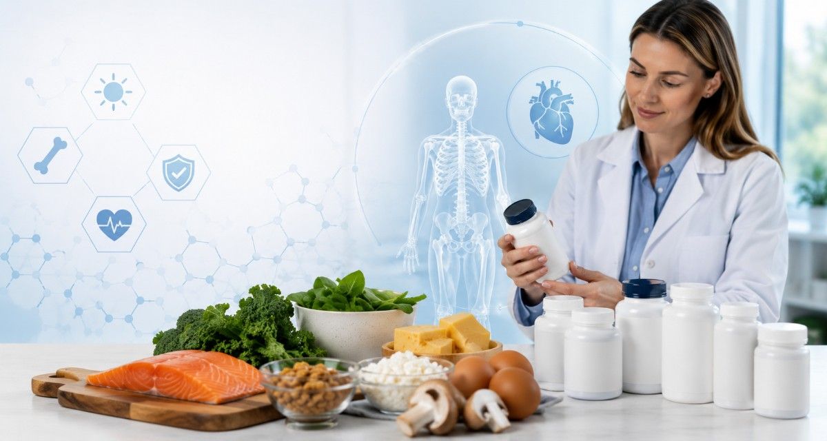 Healthcare professional comparing Vitamin D3 and K2 supplement options with nutrient-rich foods that naturally contain vitamin D and vitamin K