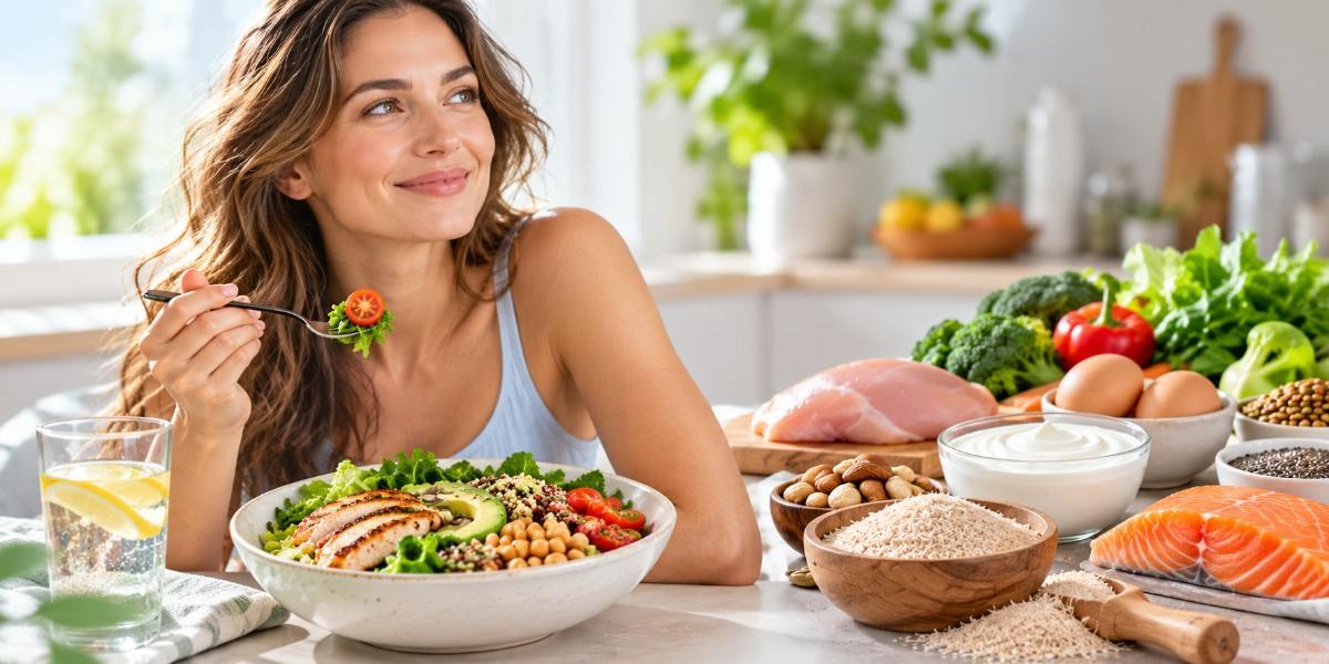 American woman enjoying a protein-rich chicken salad with vegetables, chickpeas, and quinoa, surrounded by fiber-rich foods and psyllium husk.