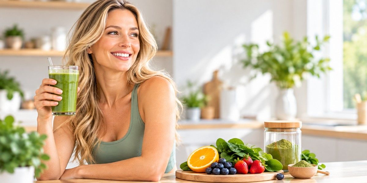 Woman enjoying a green nutritional drink at home, highlighting how IM8 supplements for women can fit into a busy lifestyle and daily nutrition routine.