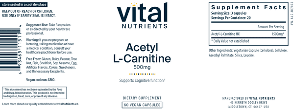 Acetyl L-Carnitine 500mg by Vital Nutrients at Nutriessential.com