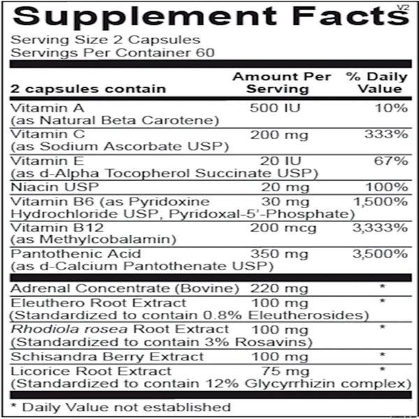 Adren All dietary supplement ingredients label – adrenal health and stress support components