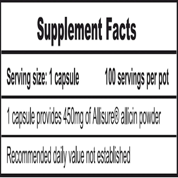 Allimax PRO 450 mg ingredients label – listing AlliSURE® AC-23 allicin powder, non-GMO maltodextrin and vegetarian capsule base for immune & circulation support.
