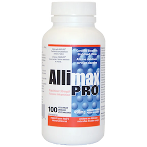 ALLIMAX PRO 450 mg bottle – high-strength stabilized allicin garlic supplement for immune support, circulation and everyday wellness.