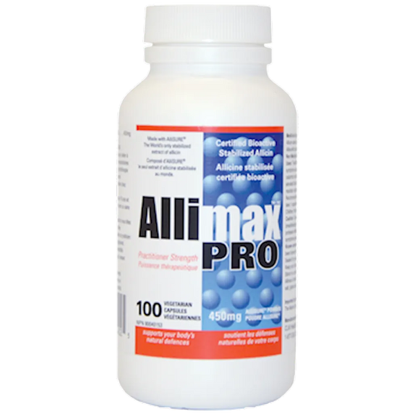 ALLIMAX PRO 450 mg bottle – high-strength stabilized allicin garlic supplement for immune support, circulation and everyday wellness.