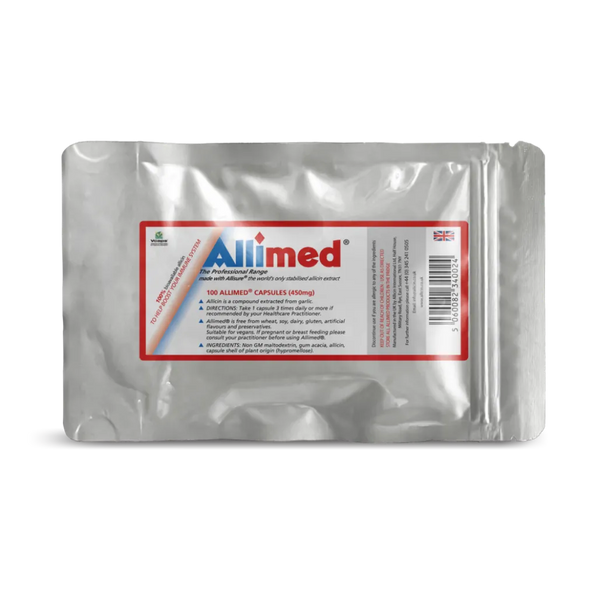Allimed 450mg Allimax International garlic extract supplement bottle – antioxidant and immune support