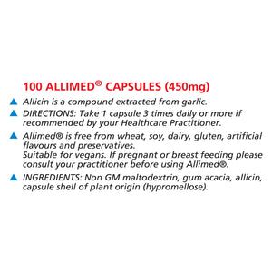 Allimed 450 mg garlic extract supplement – Allimax International bottle front view for wellness and detox