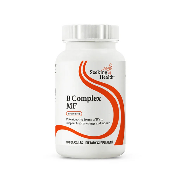 Seeking Health B Complex MF Methyl-Free supplement bottle – supports healthy energy, mood, and overall well-being with active B vitamins.