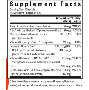 B Complex Plus ingredients label – active B vitamins (methyl-folate, methylcobalamin), choline, bioavailable B-complex for energy and methylation support.