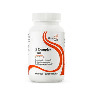 Seeking Health B Complex Plus bottle – once-daily active B-vitamin complex with choline, methyl-folate & bio-available B12 for energy and mood support.