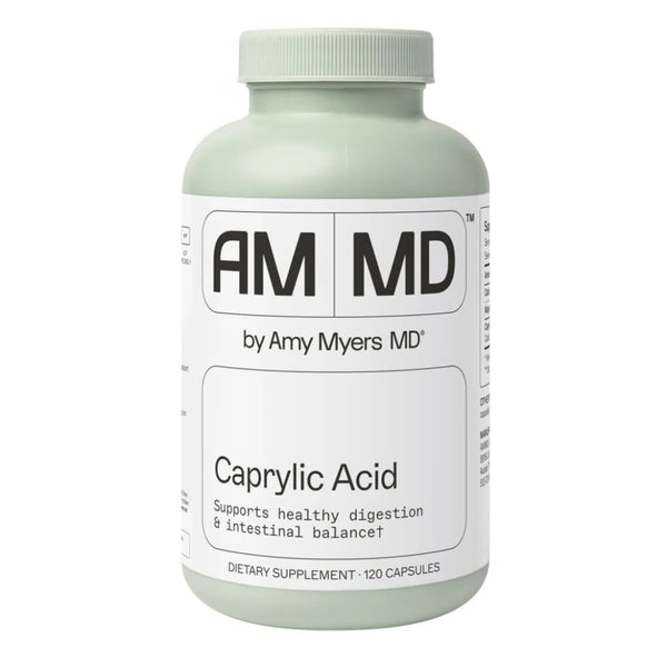 A side-by-side comparison of the old and new packaging for Caprylic Acid by Amy Myers MD, featuring a 120-capsule bottle.