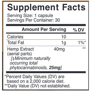 Ingredients of 25mg Liquid Capsules  - hemp extract, organic extra virgin olive oil, vegetable capsule