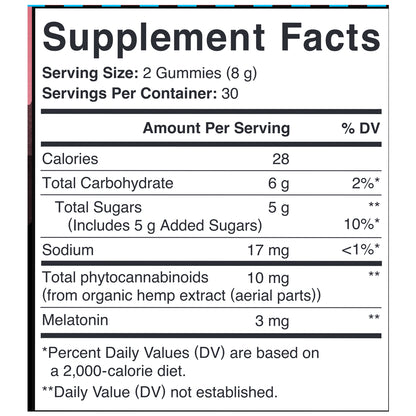 Ingredients of Sleep Gummy  - sodium, melatonin, tapioca syrup, beet sugar, pectin, MCT oil