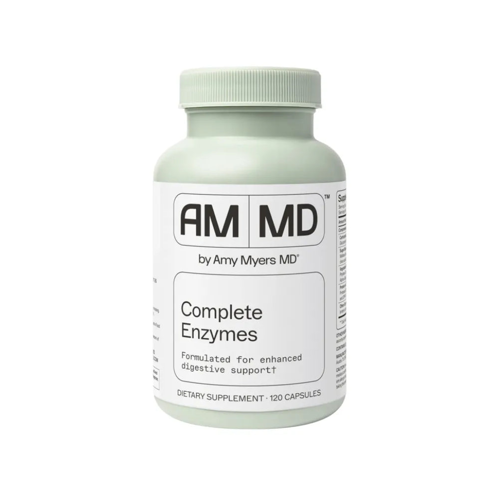 Amy Myers MD Complete Enzymes, a powerful full-spectrum digestive supplement in a 120-capsule bottle formulated for enhanced nutrient absorption.