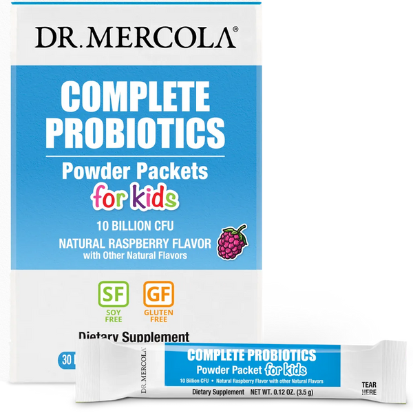 Dr. Mercola's Complete Probiotics Powder Packet for Kids - Natural Raspberry Flavor with Other Natural Flavors