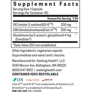 Supplement facts label of Seeking Health DIM + I3C with Glutathione showing ingredients I3C 200mg, DIM 200mg, and Glutathione 4mg per capsule – 60 vegetarian capsules.