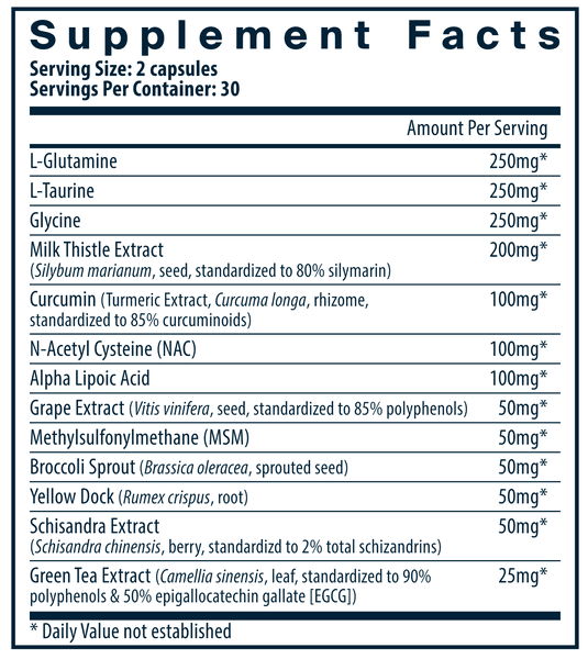 Ingredients of Detox Formula dietary supplement - L-Glutamine, L-Taurine, Glycine, Milk Thistle Extract