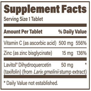 Supplement facts and ingredients panel for Endurance Product Co SR-Taxifolin Complex, Vitamin C, Zinc, Dihydroquercetin