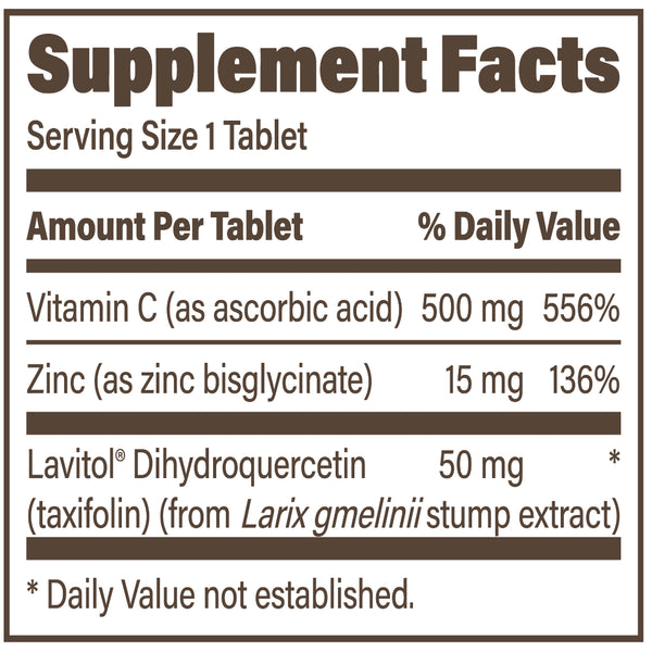 Supplement facts and ingredients panel for Endurance Product Co SR-Taxifolin Complex, Vitamin C, Zinc, Dihydroquercetin