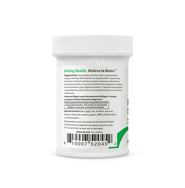 Seeking Health Histamine Digest supplement label showing usage instructions, benefits of DAOGest enzyme, and allergen-free formula details