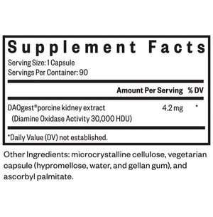 Seeking Health Histamine Digest supplement facts label showing DAOGest porcine kidney extract with 30,000 HDU activity per capsule.