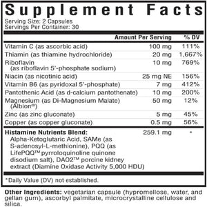 Supplement Facts label for Seeking Health Histamine Nutrients showing vitamins, minerals, and DAO blend for histamine support.