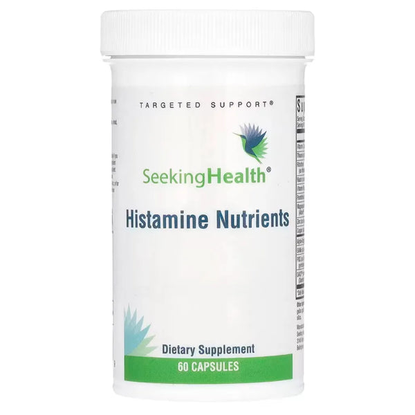 Seeking Health Histamine Nutrients supplement bottle with 60 capsules for histamine support and nutrient balance.