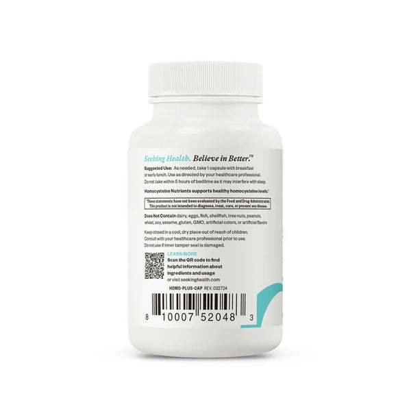 Seeking Health Homocysteine Nutrients supplement bottle supporting healthy homocysteine metabolism with methylated nutrients, 60 capsules.