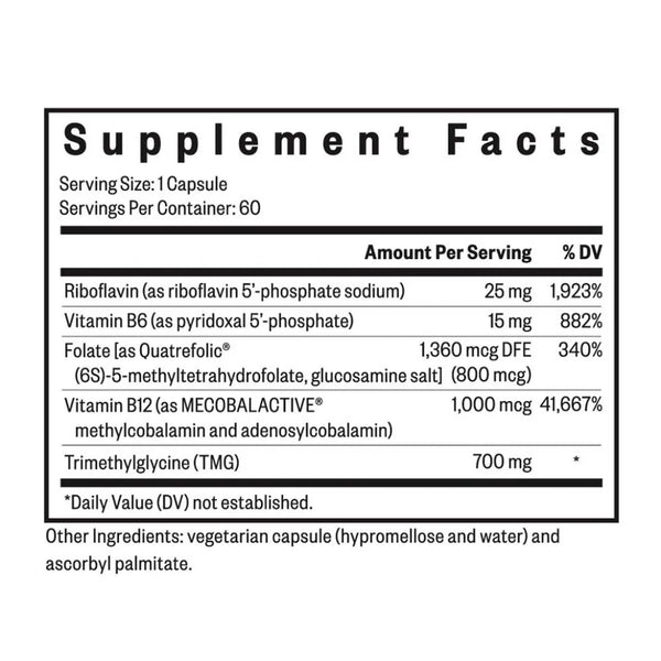 Supplement facts label of Seeking Health Homocysteine Nutrients showing riboflavin, vitamin B6, folate, vitamin B12, and trimethylglycine content per serving.