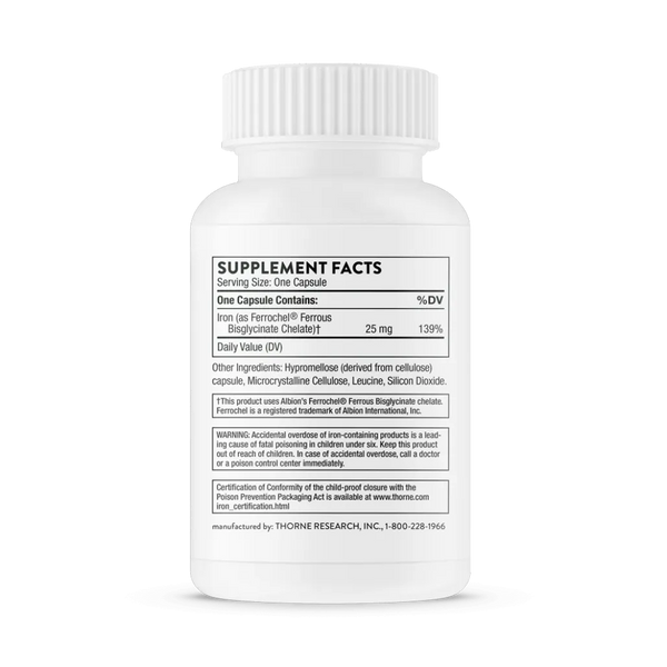 Thorne Iron Bisglycinate NSF 60 vegcaps supplement facts