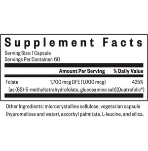 Supplement Facts of Seeking Health L-Methylfolate 1mg – contains 1,700 mcg DFE folate as Quatrefolic®, supporting methylation, MTHFR function, and mood balance.