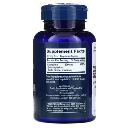 Life Extension Magnesium 500mg Supplement Ingredients - Magnesium oxide, citrate, succinate