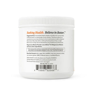 Seeking Health Magnesium Malate Powder ingredients label – dimagnesium malate form, pure mineral support for muscle, nerves and energy.