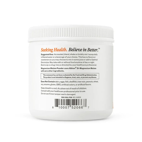 Seeking Health Magnesium Malate Powder ingredients label – dimagnesium malate form, pure mineral support for muscle, nerves and energy.