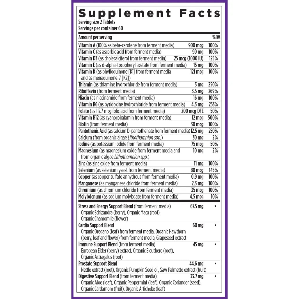 Ingredients of Men's Advanced Multivitamin dietary supplement - vitamin C, vitamin D3, maca