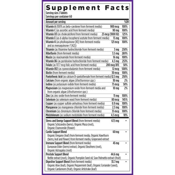 Ingredients of Men's Advanced Multivitamin dietary supplement - vitamin C, vitamin D3, maca