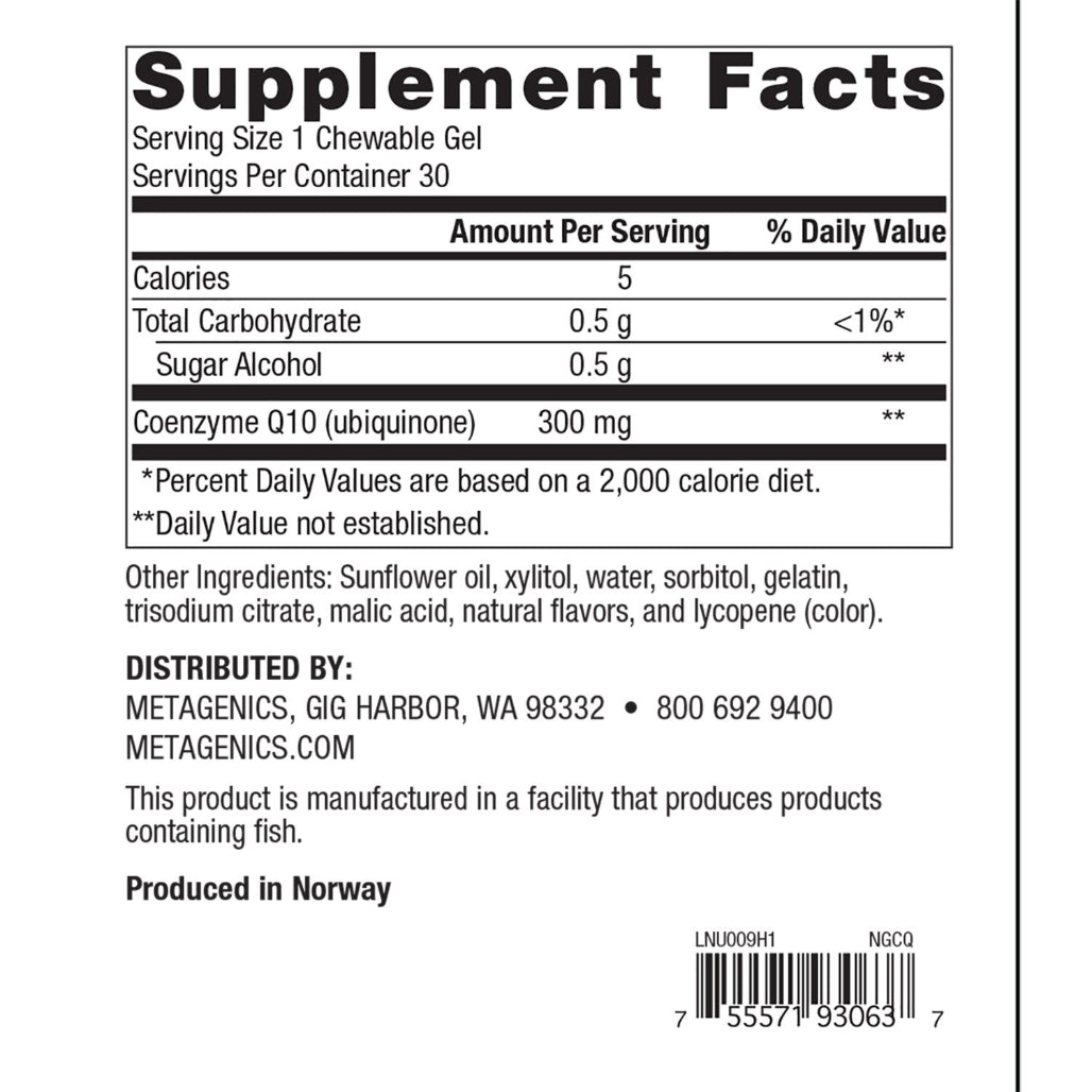 Metagenics NutraGems CoQ10 300 300 mg Supplement Facts