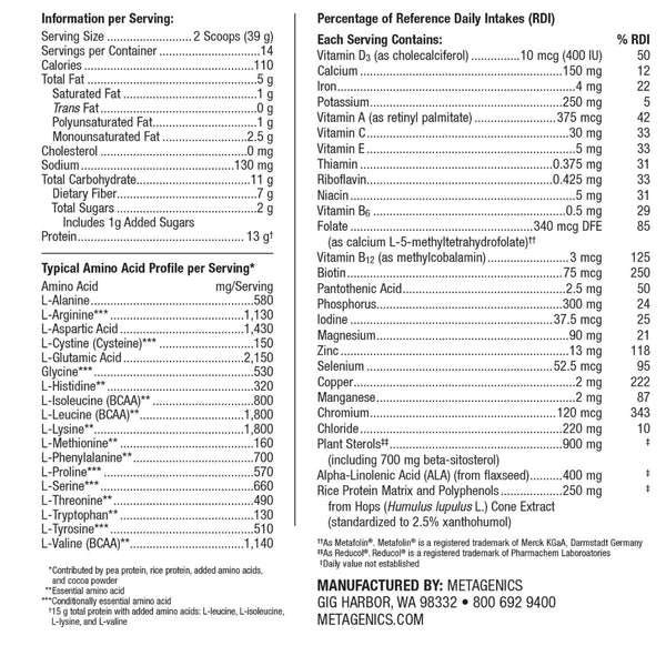Metagenics UltraMeal Cardio 360 Peach supplement facts