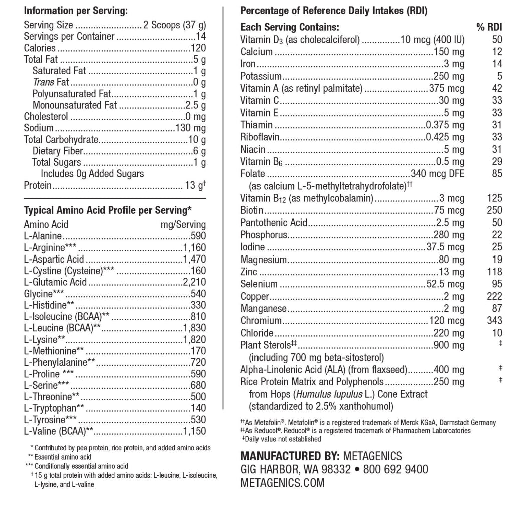 Metagenics UltraMeal Cardio 360 Vanilla 504 grams supplement ingredients