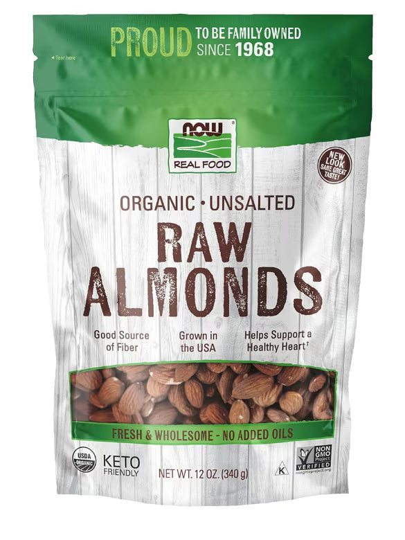 NOW Real Food® - Organic Raw Almonds, Unsalted - 12 oz (340 Grams)