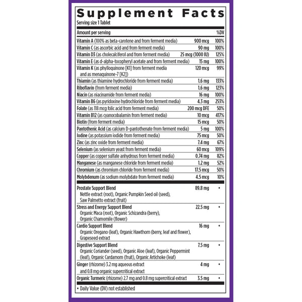 Ingredients of Every Man's One Daily 40+ dietary supplement - vitamin B12, selenium, folate