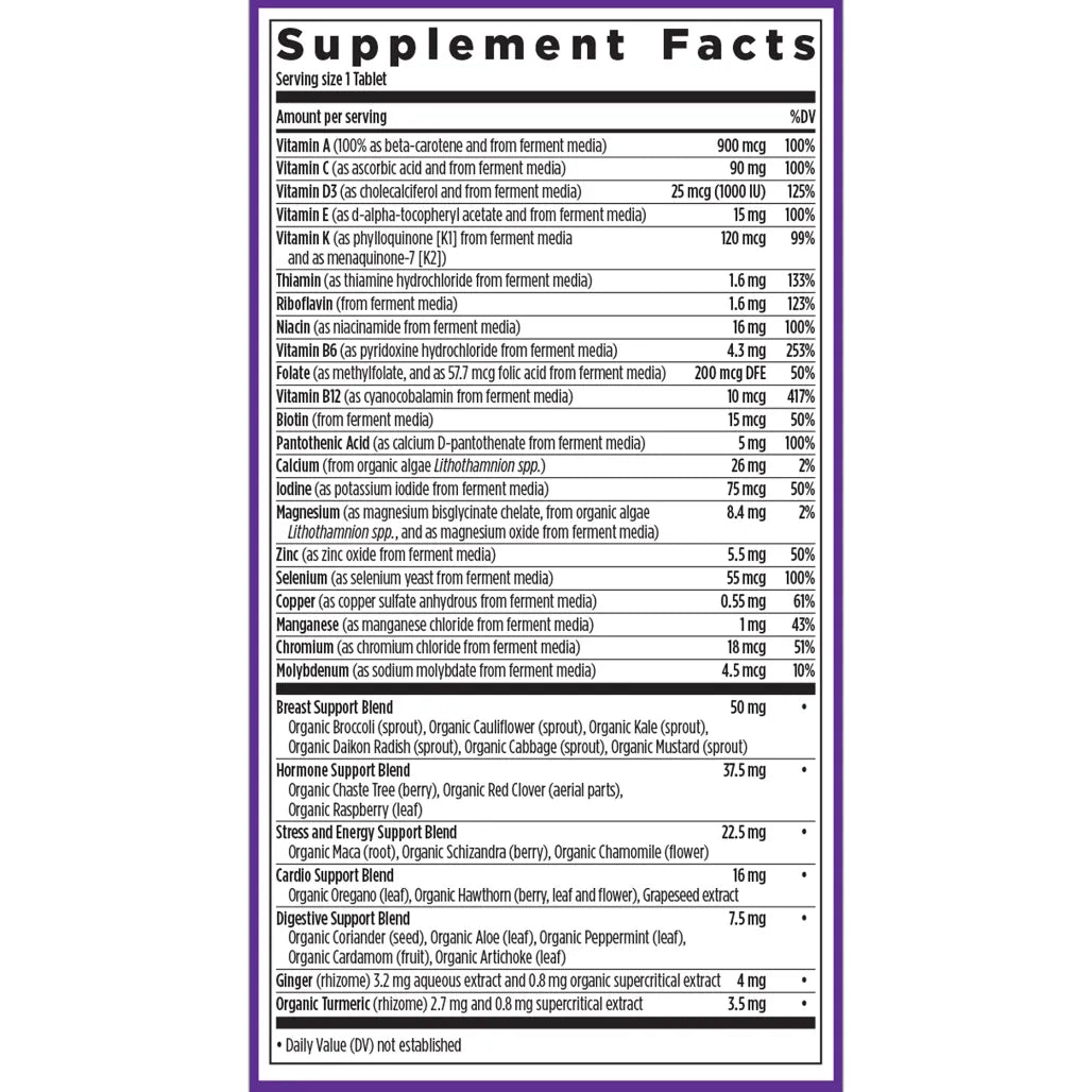 Ingredients of Every Woman's One Daily 40+ dietary supplement - vitamin A, vitamin C, vitamin D3